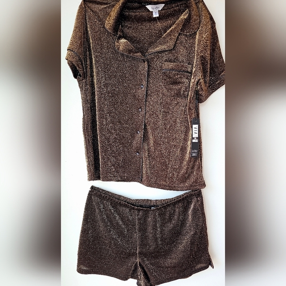 Nicole Miller Sparkle Bronze Pajamas Set Lounge Black Shorts size M - Picture 7 of 7